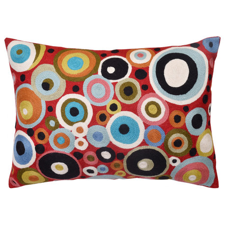 Red Polka Dots Decorative Pillow Cover Modern Hand Embroidered 14x20