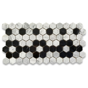 Carrara White Marble Hexagon Mosaic Border Flower Tile Polished 1", 1 sheet