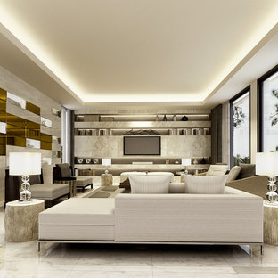 Foto di un grande soggiorno minimal chiuso con sala formale, pareti beige, pavimento in marmo, nessun camino e TV a parete