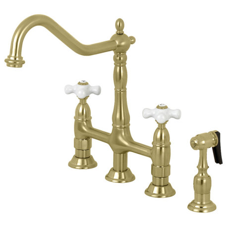 KS1277PXBS Heritage Bridge Kitchen Faucet With Brass Sprayer, Brushed Brass