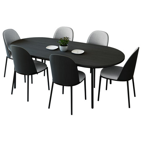 LeisureMod Tule 7-Piece Dining Set in Black Steel Frame , Black/Platinum Blue