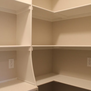 Craftsman kitchen pantry pictures - Arts and crafts kitchen pantry photo in Little Rock with white cabinets and quartz countertops