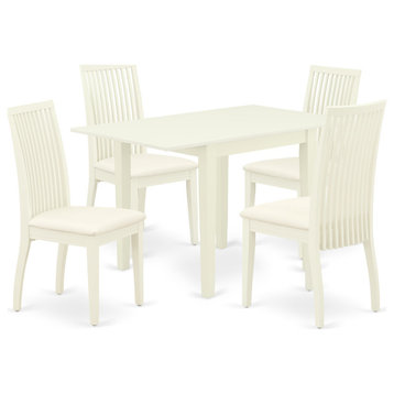 5Pc Wood Dining Set, A Small Table, 4 Chairs, Linen Fabic Seat, Linen White