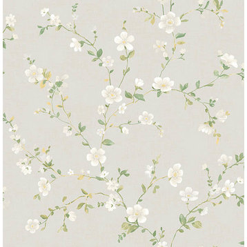 Traditional Floral Vine Wallpaper, Gray and Green, Bolt