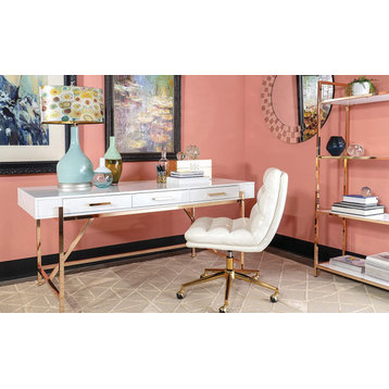 Modern Large Desk, Elegant Metal Frame With 3 Drawers, High Gloss White/Gold
