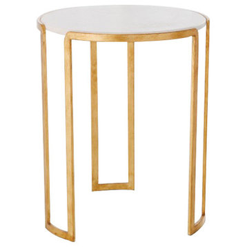 Elegant Midcentury Linear Gold Accent Table, Round White Marble Classic