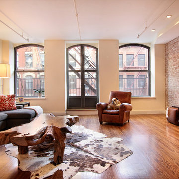 Historic Loft Renovation, Living Area with Exposed Brick Wall, Tribeca NYC