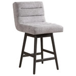 Armen Living - Elias Gray Solid Wood 26" Swivel Barstool, Gray Fabric, Set of 3 - The Elias Barstool offers the perfect blend of style, comfort, and practicality, making it an ideal choice for your kitchen island, counter, or home bar. Designed with a sleek low-back silhouette and channel-tufted upholstery, this modern bar stool exudes sophistication while providing the support and comfort you need for everyday use. Upholstered in durable polyester fabric, the seat and backrest feature fiber-wrapped foam cushioning for a plush feel that lasts.
