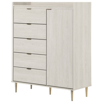 Contemporary Dresser, 5 Drawers & 1-Door Cabinet With Metal Pulls, Winter Oak