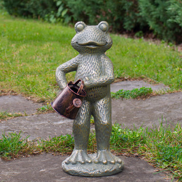 17" Gold Verdigris Frog With Watering Can Outdoor Garden Statue