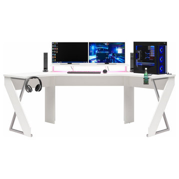 Corner Gaming Desk, Crossed Leg With Spacious Tabletop & LED Lighting, White