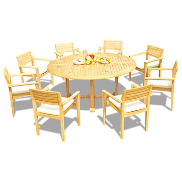 9-Piece Outdoor Teak Dining Set, 72" Round Table, 8 Montana Stacking Chairs