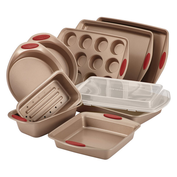 Cucina Nonstick Bakeware 10-Piece Set, Latte Brown, Cranberry Red Hand