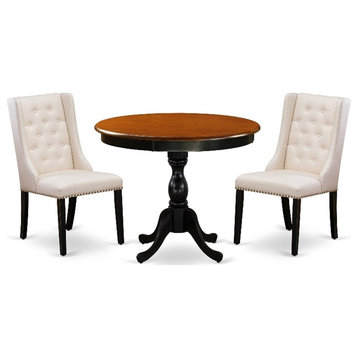 AMFO3-BCH-01 Dinette Table and 2 Cream Linen Fabric Chairs - Black Finish
