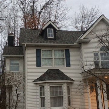 Landmark TL HD colonial slate. Siding removed from dormers and chimney chase. Th