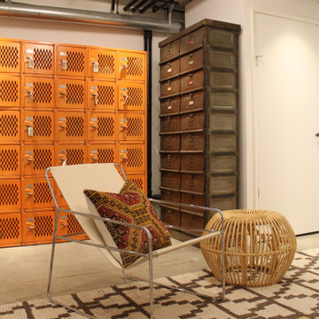 Vintage Orange Lockers and Mail Sorter with Chrome Sling Chair