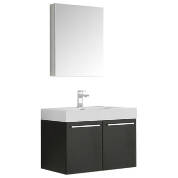 Fresca Vista 30" Black Wall Hung Modern Bathroom Vanity With Medicine Cabinet