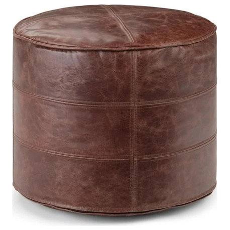 Distressed Brown Genuine Leather Round Pouf Ottoman with Classic Boho Style