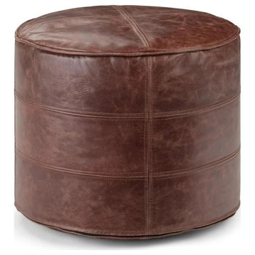 Classic Ottoman, Round Design With Genuine Leather Upholstery, Distressed Brown