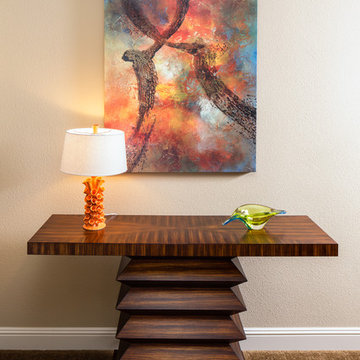 GREAT ART OVER DRAMATIC WOOD TABLE