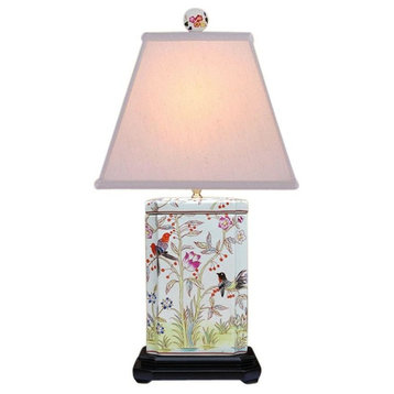 Beautiful Floral and Bird Chinese Porcelain Square Box Table Lamp, 25"