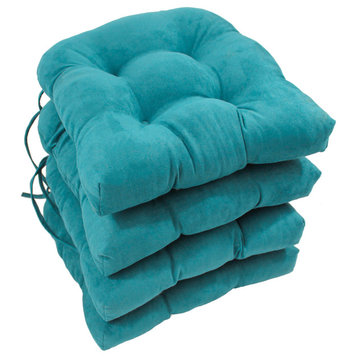 16" Solid Micro Suede U-shaped Tufted Chair Cushions, Set of 4, Aqua Blue