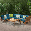 GDF Studio Scarlett Outdoor 8-Seater Acacia Wood Sectional Sofa and Table Set, Blue