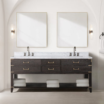 Lexora Norwalk Bath Vanity, Brown Oak, 80, Vanity W/ Top and Mirror