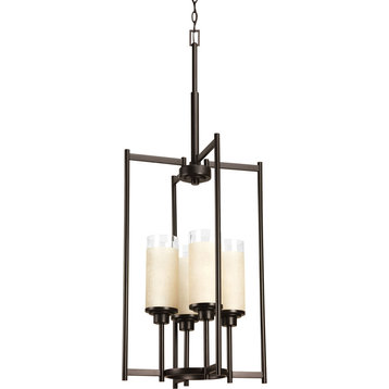Progress Lighting 4-Light Foyer Fixture With Clear With Etched Linen, Antique Bronze