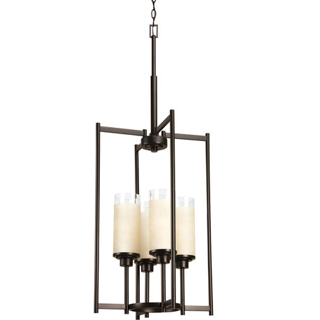 Progress Lighting 4-Light Foyer Fixture With Clear With Etched Linen, Antique Bronze