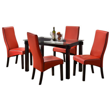 Pilaster Designs, Wood and Glass Dining Dinette Set, Table and 4 Chairs, Red