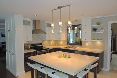 Mid-sized transitional porcelain tile and beige floor kitchen photo in Other with a drop-in sink, shaker cabinets, white cabinets, laminate countertops, beige backsplash, subway tile backsplash, stainless steel appliances and an island