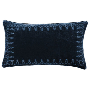 Stella Faux Silk Velvet Embroidered Lumbar Pillow, 14"x24", Midnight Blue