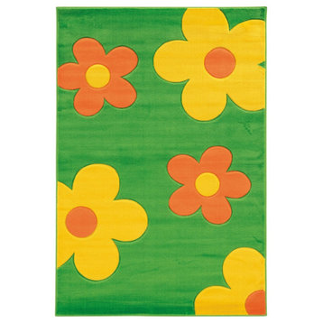 Linon Corfu Floral Machine Made Frieze Yarn 5'x7'7" Rug in Lime Green