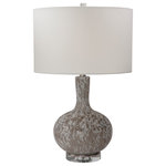 Uttermost - Turbulence Distressed White Table Lamp - This Glass Table Lamp Features A Timeless Shape Finished In A Distressed White With A Myriad Of Black And Gray Flecks, Accented By A Thick Crystal Foot And Brushed Nickel Plated Details.