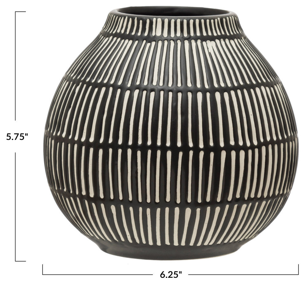 Debossed Stoneware Vase, Black/White