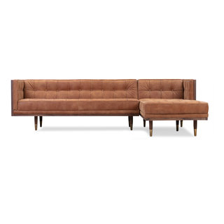 Kardiel Woodrow Midcentury Modern Box Sofa Sectional Left, White Aniline Leather/Walnut