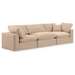 Meridian Furniture - Comfy Upholstered Modular Sofa, Beige, 3-Piece: 1 Armless Chair, 2 Corner Chair, Velvet - Give your space a whole new look with this beige Comfy velvet sofa. This handsome sofa fits nicely with other items in the Comfy collection and is a versatile seating option designed for adaptability, comfort and style. Wrapped in rich beige durable velvet upholstery, this sofa offers a plush embrace of overstuffed down feather cushions, carefully crafted to deliver the highest level of comfort. The perfect seat for creating an oasis for relaxation, this sofa has thick foam surrounding its frame for added support and coziness.