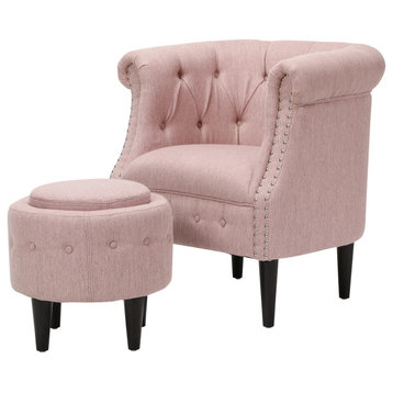 Leila Petite Tufted Fabric Chair and Ottoman Set, Light Blush/Dark Brown