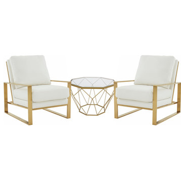 LeisureMod Jefferson Arm Chairs With Gold Frame and Coffee Table, White
