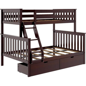 Twin Over Full Bunk Bed, Wooden Frame With 2 storage Drawers and Ladder, Espresso