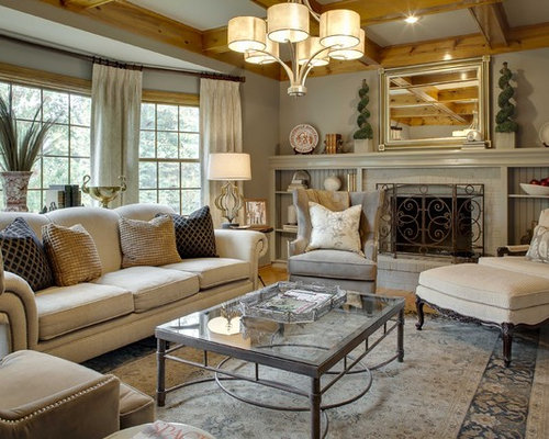 Abgetrennte Wohnzimmer mit Kaminsims aus Backstein Ideen, Design