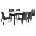 Armen Living - Giana Kash 7 Piece Extendable Dining Set With Faux Leather Chairs - Dine, entertain, or enjoy the company of friends and family with the Giana Kash 5 Piece Extendable Dining Set with Faux Leather Chairs. This set includes 1 Giana extendable dining table and 4 Kash dining chairs. With a slim and streamlined profile, this parsons-style chair brings effortless style and elegance to your home. It is perched upon slender black metal legs to make any room appear open and spacious. It features a tall back with a subtle curve to provide exceptional lumbar support. With a simple and elegant design, our dining room chair focuses on bringing comfort and convenience to your dining table. It can easily transition anywhere from your living space to your home office to provide a comfy seat for everyday functions. This kitchen chair is upholstered in UV and stain-resistant faux leather which does not crack or fade easily to provide easy care and maintenance. The Giana dining table features an extendable a rectangular tabletop, perched upon a crisp black metal base. The tabletop is crafted in Carmen Gray Sintered Stone to offer a luxe appeal with easy maintenance. This tabletop is resistant to etching, scratches, burns, and stains as a sturdy yet elegant alternative to quartz. With a durable construction and versatile appeal, our dining table is perfect for both casual and formal meals in a kitchen, dining room, or living space. The dining table can easily extend to seat up to four to six individuals. The Giana Kash dining set is available in 5 and 7 piece set configurations and features a camren gray sintered stone table top with black base and your choice of taupe gray, brown, or black faux leather upholstery.