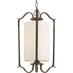 Progress Lighting - 1-Light Large Foyer Pendant, Antique Bronze - Harkening back to a simpler time, the Inspire Collection freshens traditional forms with flowing lines. Waving metal arms rush from the center to gracefully support off-white linen shades in this one-light large foyer fixture in Antique Bronze