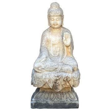 Chinese Oriental Distressed White Marble Stone Carved Sitting Buddha Hcs7212