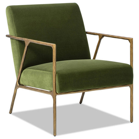 Aerin 24.5" Hammered Brass Upholstered Accent Arm Chair, Olive Green