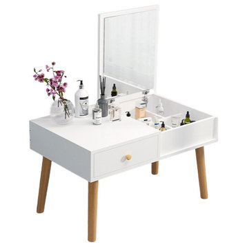 Wooden Dressing Table with Storage and Folding Mirror, White, L23.6"