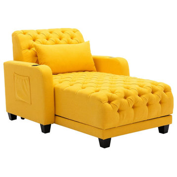Convertible Sleeper Chair, Deep Button Tufted Seat & Cupholder, Yellow Fabric