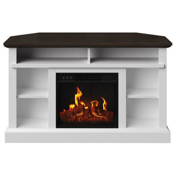 Transitional TV Stand, Corner Design With Fireplace, LED Lighting, White/Brown