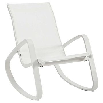 Modern Outdoor Rocking Chair, Metal Construction & Curved Sling Seat, White